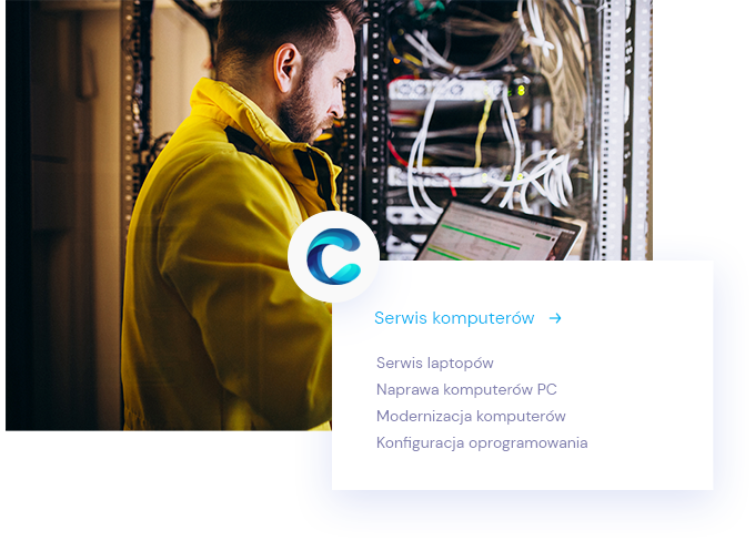 Pracownik IT w żółtej kurtce pracujący przy szafie serwerowej, obok lista usług IT oferowanych przez Createch