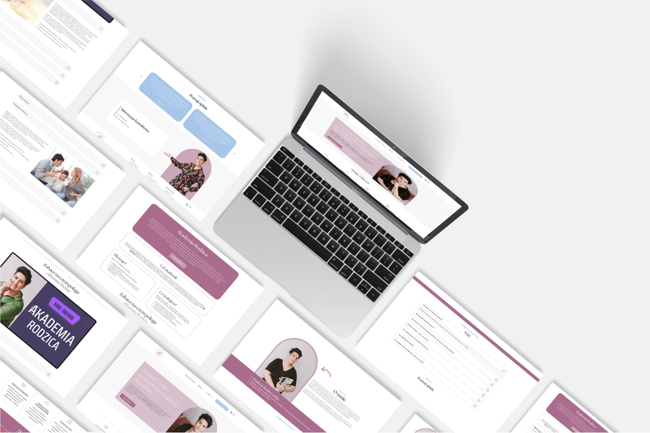 Widok z góry na laptopa otoczonego zrzutami ekranów ze strony internetowej Edunotka